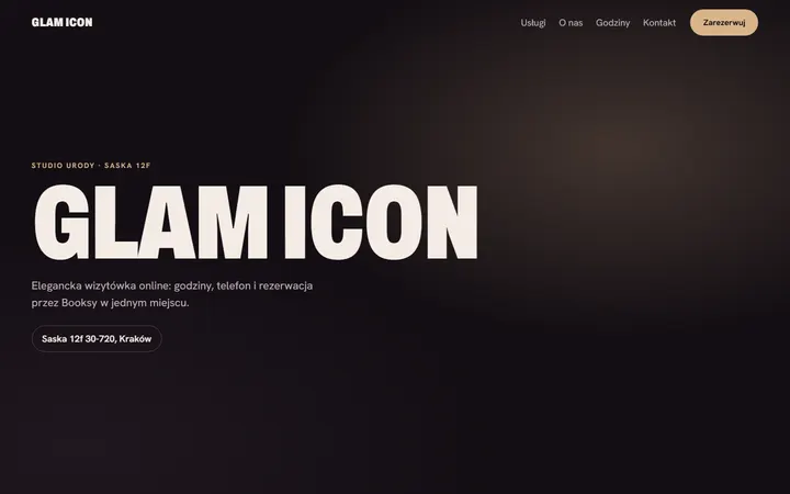 Glam Icon — koncepcja strony studia urody, ciemne tło, duży napis nazwy