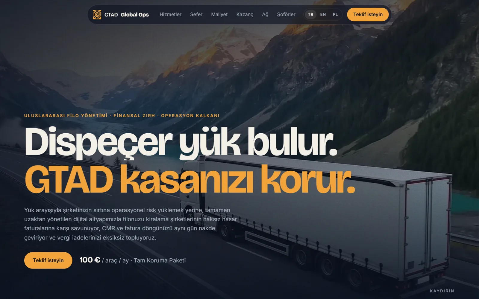 GTAD Global Ops — strona firmy obsługującej flotę transportową, nagłówek po turecku